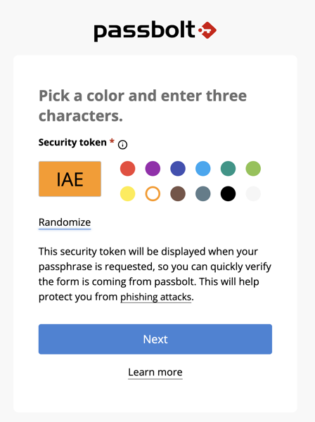 Screenshot showing the colour selection of the "security token".